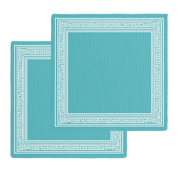 Turquoise Kitchen Dish Towels for Drying Dishes Set of 2, Geometric Boho Ethnic Tile Chic Monochrome Waffle Weave Microfiber Hand Tea Bathroom Towels Quick Dry & Absorbent Towel 12x12