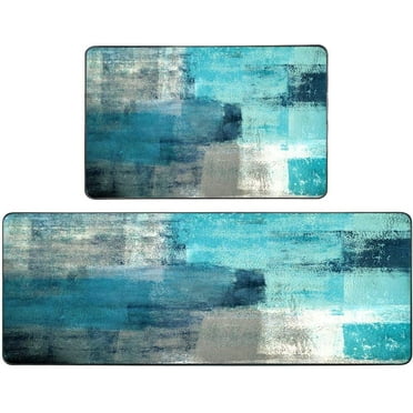 Turquoise Kitchen Rug Kitchen Mats Turquoise and Grey Abstract Art Painting 18"X48"+18"X30" Washable Non-Slip Kitchen Rug Set for Kitchen Dining Room,Floor Home,Office,Sink,Laundry