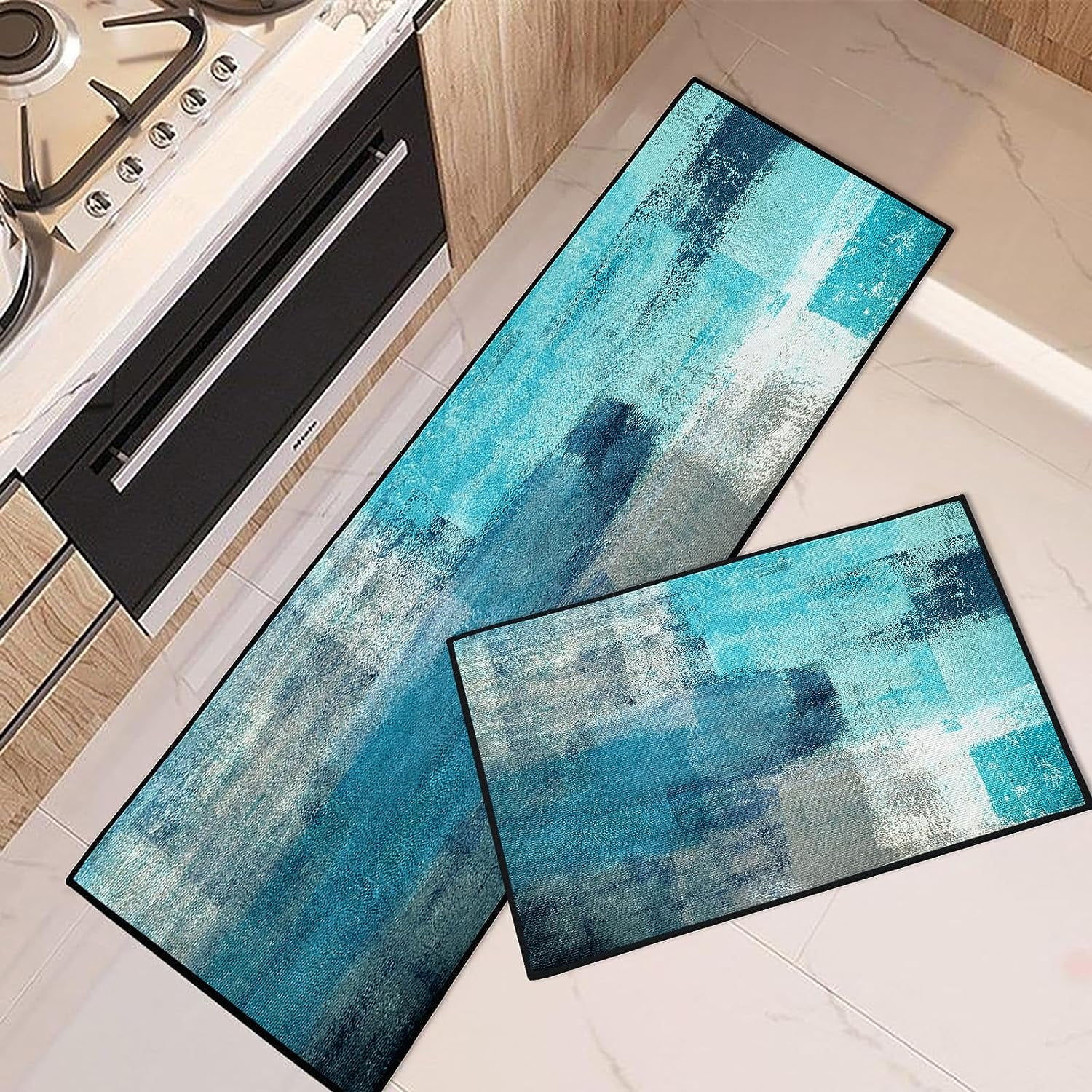 Turquoise Kitchen Rugs and Mats Non Skid Washable Set of 2, Teal Modern