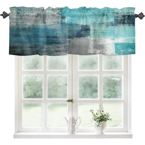 Turquoise Kitchen Short Window Valance Curtains, Abstract Art Nursery Window Treatment Valances Rod Pocket Privacy Decorative Valance for Bathroom Bedroom Living Room Cafe ,54 x 18 in,Cyan Teal Gray