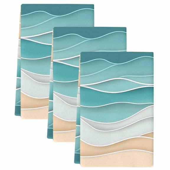 Turquoise Kitchen Towels Set of 3, Absorbent Microfiber Dish Tea Towels with Hanging Loop, Ocean Wave Stripes Modern Abstract Beach Resuable Hand Towel for Home Kitchen Cooking Cleaning 18"x28"