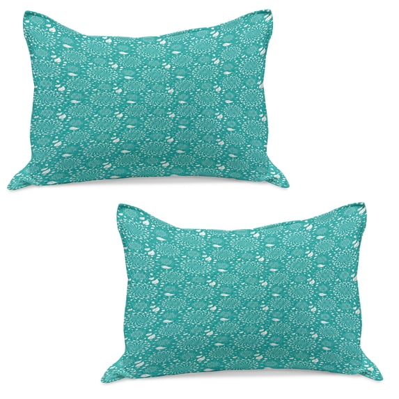 Turquoise Knitted Quilt Pillowcover Set of 2, Blossoming Nature Theme Swirls Vortex Leaves Stalks and Dots Vintage Pattern, Standard Queen Pillow Sham Bedroom, 30" x 20", Turquoise White, by Ambesonne