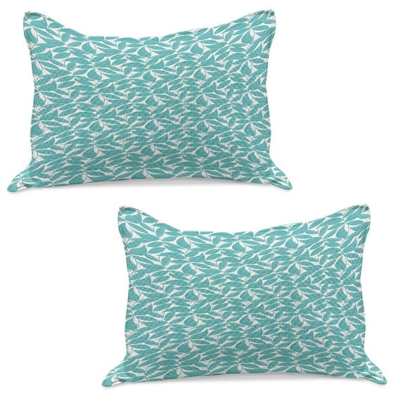 Turquoise Knitted Quilt Pillowcover Set of 2, Foliage Pattern with Exotic Leaves Tropical Themed Image Graphic Stripes, Standard Queen Pillow Sham Bedroom, 30" x 20", Turquoise White, by Ambesonne