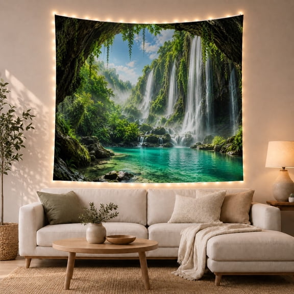 Turquoise Lagoon With Waterfalls Through a Cave Opening, Serene Boho for Nature Lovers, Tropical Paradise Wall Art, Housewarming Gift, Tapestry Wall Hanging for Bedroom and Living Room