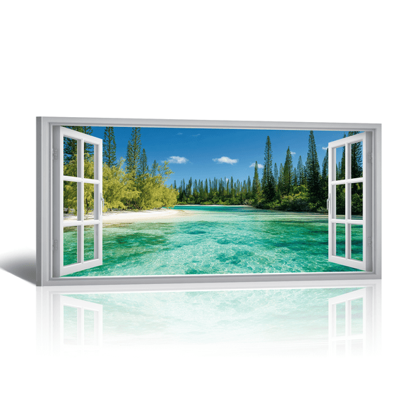 Turquoise Lake Canvas Wall Art - Large Fresh Open Window Canvas Prints with Green Forest Landscape Paintings, Natural Horizontal Artwork for Home Decor,40x20"