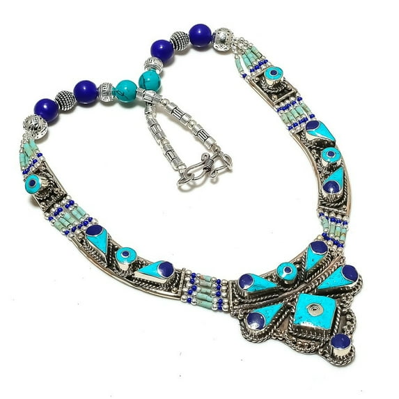 Turquoise Lapis Lazuli Handmade Necklace Boho Tibetan Nepali Jewelry 18" NN 7134