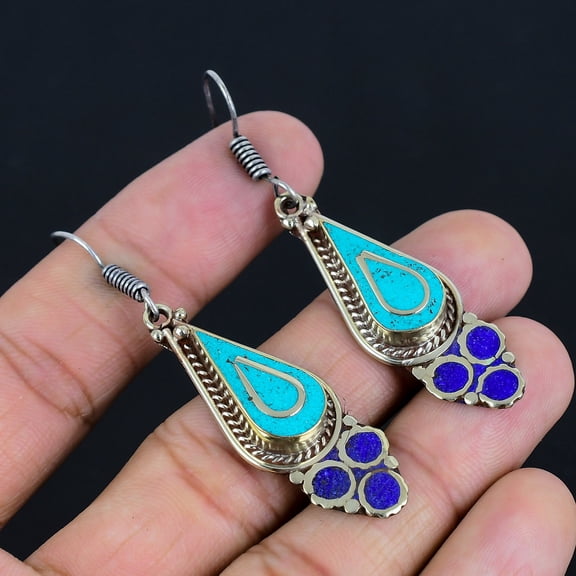 Turquoise Lapis Lazuli Statement 925 Sterling Silver Nepali Earring 2.6" VJ 5398