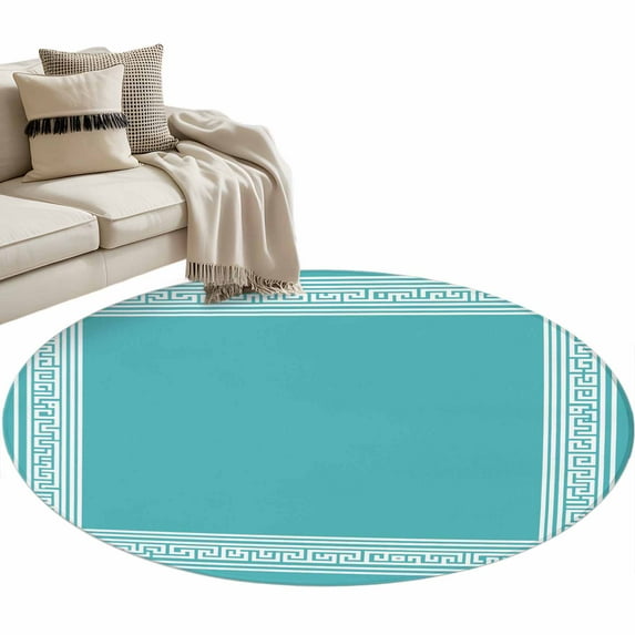 Turquoise Large Area Rugs for Bedroom Living Room, Soft Non Slip Carpet Bedside Rug, Geometric Boho Ethnic Tile Chic Monochrome Round Floor Cover Kitchen Accent Rug 3' for Dining Room/Office