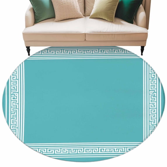 Turquoise Large Area Rugs for Bedroom Living Room, Soft Non Slip Carpet Bedside Rug, Geometric Boho Ethnic Tile Chic Monochrome Round Floor Cover Kitchen Accent Rug 5' for Dining Room/Office