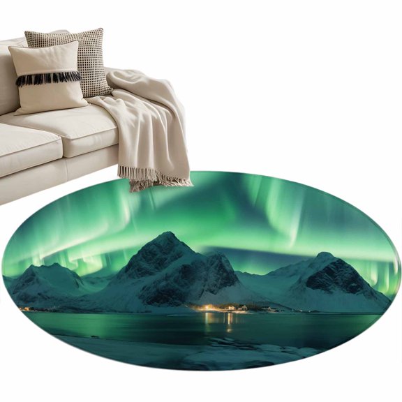 Turquoise Large Area Rugs for Bedroom Living Room, Soft Non Slip Carpet Bedside Rug, Teal Aurora Iceland Scenery Mountain Round Floor Cover Kitchen Accent Rug 3' for Dining Room/Office