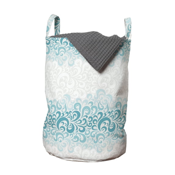 Turquoise Laundry Bag, Abstract Floral Flowers Pattern Classic Design Illustration, Hamper Basket with Handles Drawstring Closure for Laundromats, 13" x 19", Teal Turquoise White, by Ambesonne