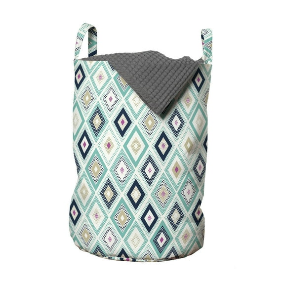 Turquoise Laundry Bag, Dots Doodle Rhombus Diamond Shapes Colorful Geometrical Pattern Artwork, Basket with Handles Drawstring Closure for Laundromats, 13" x 19", Multicolor Turquoise, by Ambesonne