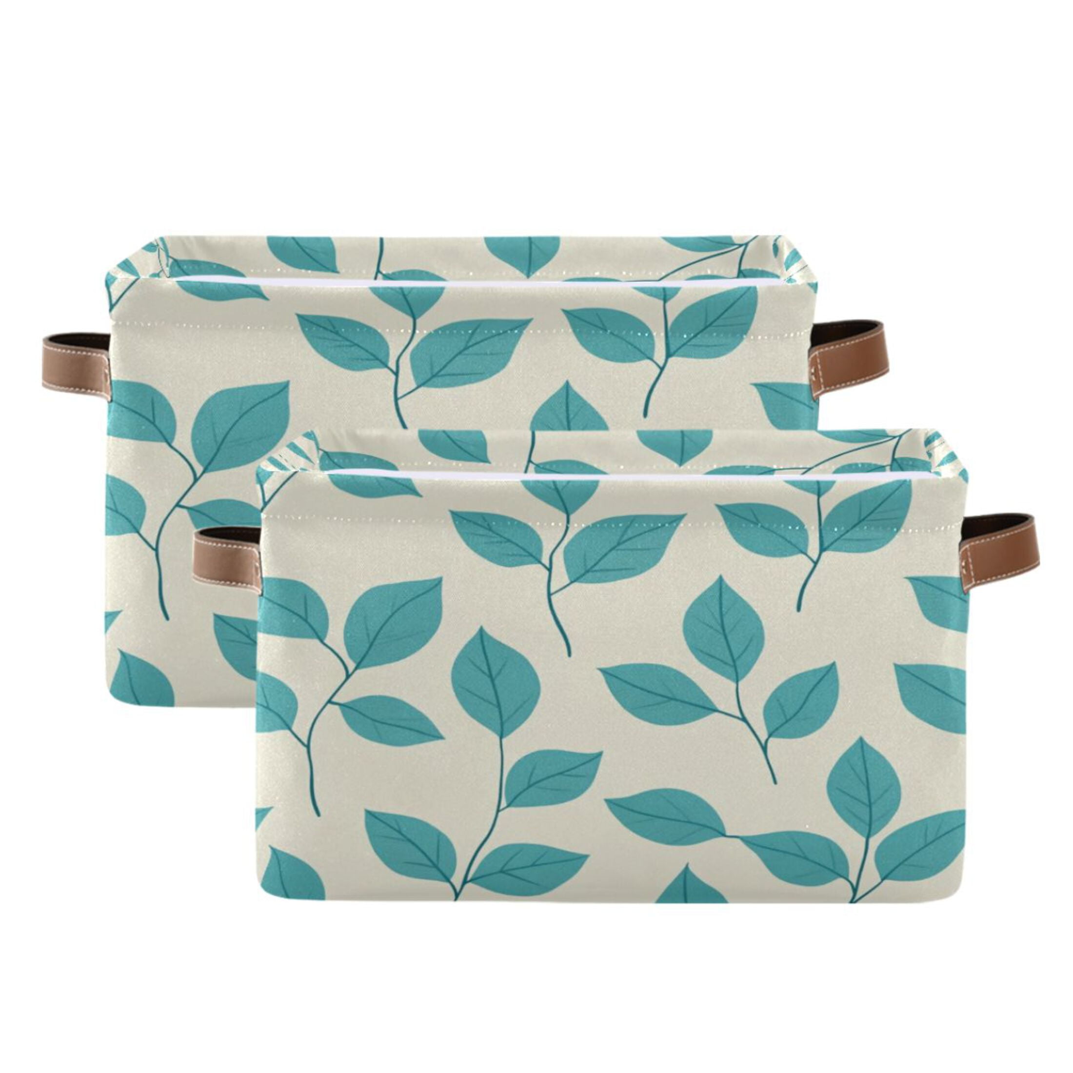 Turquoise Leaf Foldable Storage Basket,Canvas Fabric Foldable Storage Bins with Handles Open Home Storage Bins Boxes for Toy Book Shelf Closet Baskets
