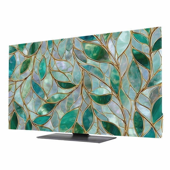 Turquoise Leaves TV Cover for 32 Inch Screen, Stretch Fabric Dustproof TV Display Protector, Vintage Abstract Art Foliage Elastic Slipcover Monitor Cover for Indoor Desktop Computer 27.9"x15.7"