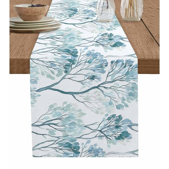 Turquoise Leaves Tree Burlap Cotton Table Runner 13x70 Inches Long, Teal Retro Forest Branches Farmhouse Table Runners, Outdoor Dining Tablecloths Decor for Baby Shower/Party/Wedding