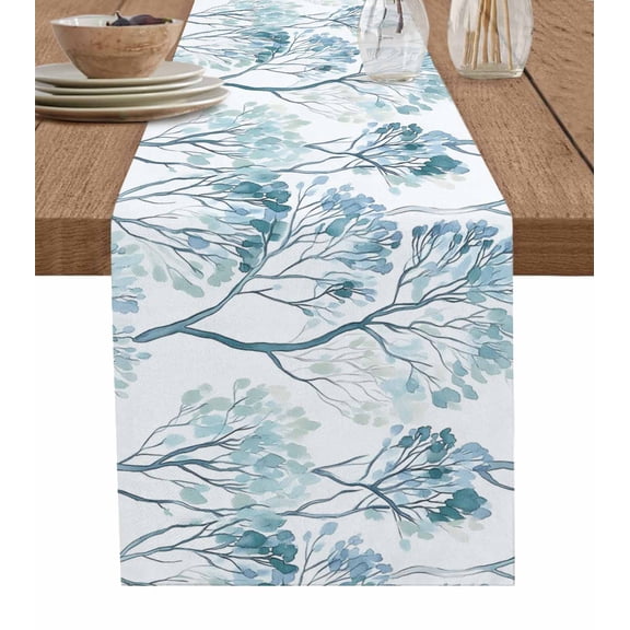 Turquoise Leaves Tree Table Runner Cotton Linen 36 Inch Holiday Dresser Scarves, Teal Retro Forest Branches Tablerunner for Kitchen Coffee Dining Bedroom Living Room Dinner Scarf Décor 13''x36''