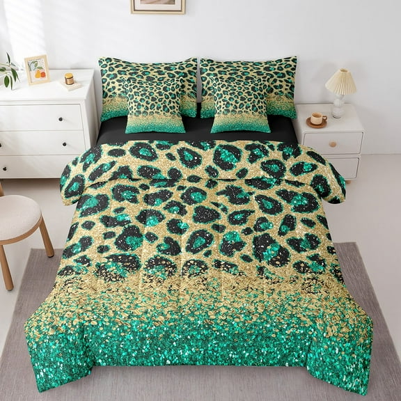 Turquoise Leopard Print 7 Piece Comforter Set Full Bed in a Bag,Gold Sequins Print Sheet Set with Comforter,Animal Hide Cheetah Bedding Set African Animals Bed Set Spot Western Decor