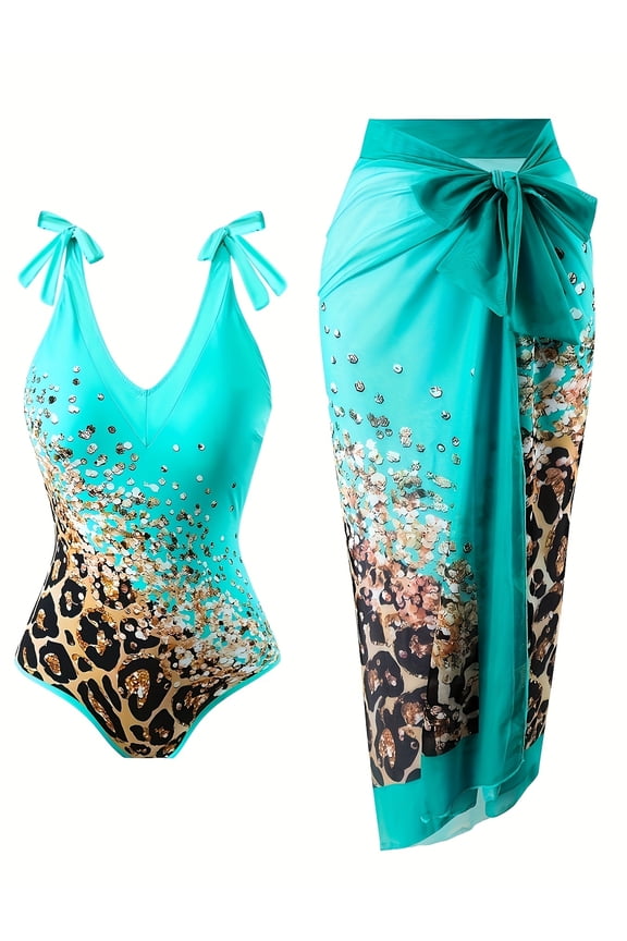 Turquoise Leopard Print One-Piece Swimsuit With Matching