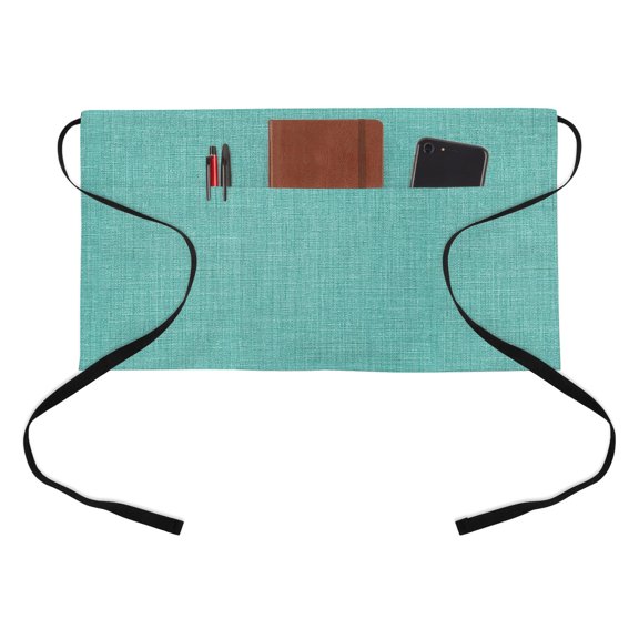 Turquoise Linen Kitchen Restaurant Half Waist Apron, Farmhouse Pure Color Country Vintage Server Short Apron with 3 Pockets Waterproof Oil Waist Aprons for Women Waitress Waiter