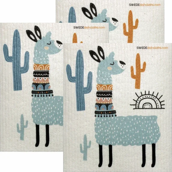 Turquoise Llama Set Of 3 Swedish Dishcloths