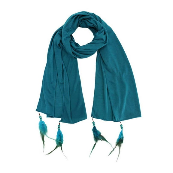 Turquoise Long Neck Scarf Wrap With Feather Tips