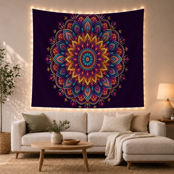 Turquoise Lotus Mandala with Paisley Details on Deep Purple Background, Energetic Boho for Art Lovers, Symmetrical Decor Art, Housewarming Gift, Tapestry Wall Hanging for Bedroom and Living Room