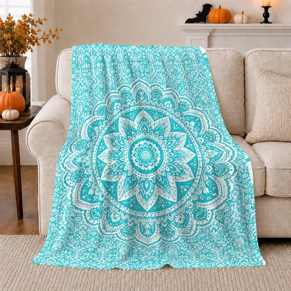 Turquoise Lotus Mandala Pattern, Calming Boho Floral Style for Flower Lovers, Aqua Lace Medallion Motif and Housewarming Gift, Soft Flannel Blanket for Sunroom and Bedroom, Coastal Home Decor