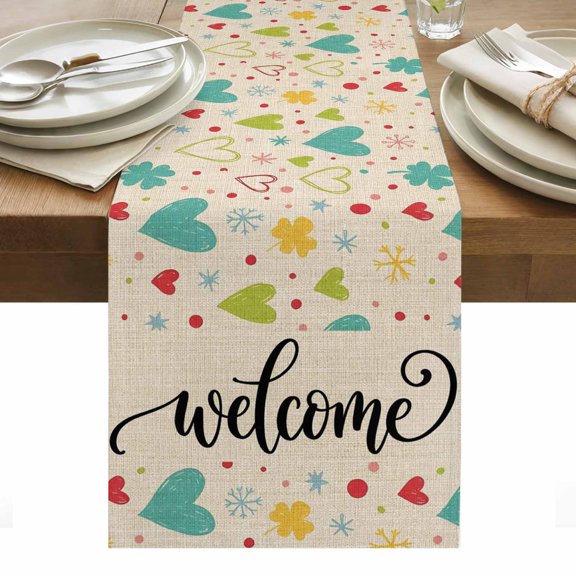 Turquoise Love Heart Table Runner Rustic Art Three-Leaves Burlap Tablerunners 13 x 120 Inch, Table Decorations Tabletop Scarf for Summer Gathering Holiday Farmhouse Kitchen Dining Decor
