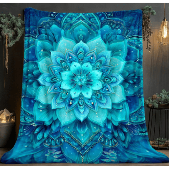 Turquoise Mandala Floral Flannel Throw Blanket, Lightweight Elegant Pattern, All-Season Soft Warm, Bohemian Teal Hues Home Decor, For Living Room Office Camping Sofa Bed
