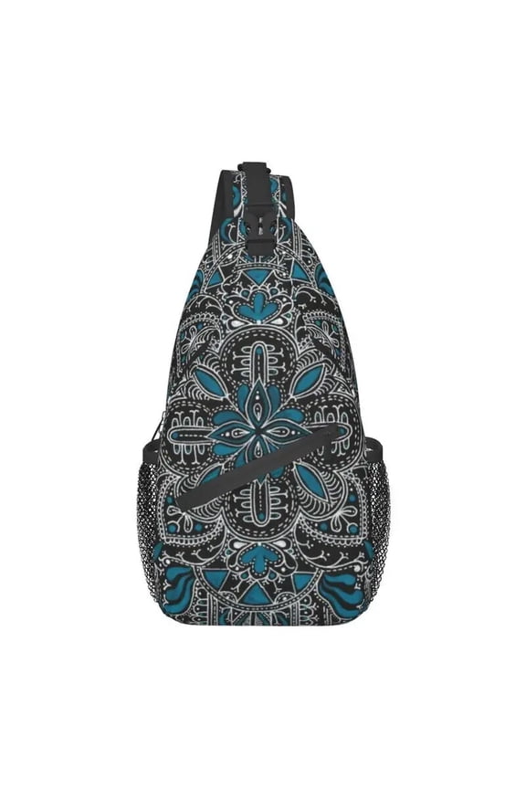 Turquoise Mandala Sling Crossbody Chest Bag Men Casual Boho Floral Pattern Shoulder Backpack for Travel Cycling