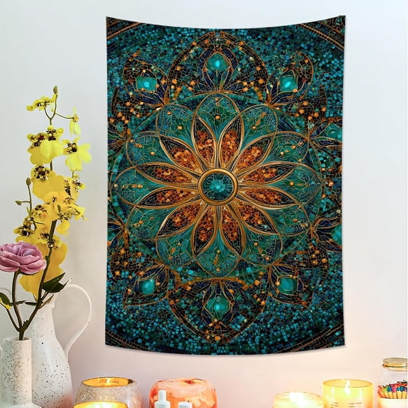 Turquoise Mandala Tapestry, Floral and Geometric Bohemian Decorative Wall Hanging, Vibrant Tapestries Aesthetic for Living Room, Bedroom, Yoga Space 30x40 Inch