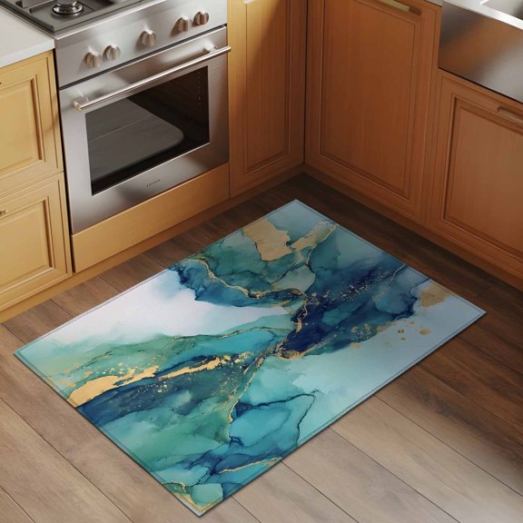 Turquoise Marble 2x3 Rug for Entryway Front Door Kitchen Sink Area, Abstracts Green Gold Gradient Stone Texture Low Pile Washable Non Slip Rectangle Area Rug