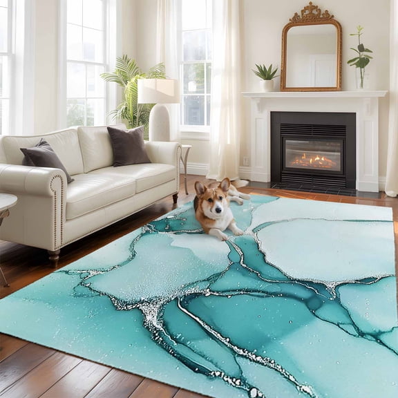 Turquoise Marble 5x7 Area Rugs for Living Room, Abstract Modern Fluid Art Non Slip Floor Mat Washable Low-Profile Indoor Carpet for Bedroom, Dining Room, Bathroom