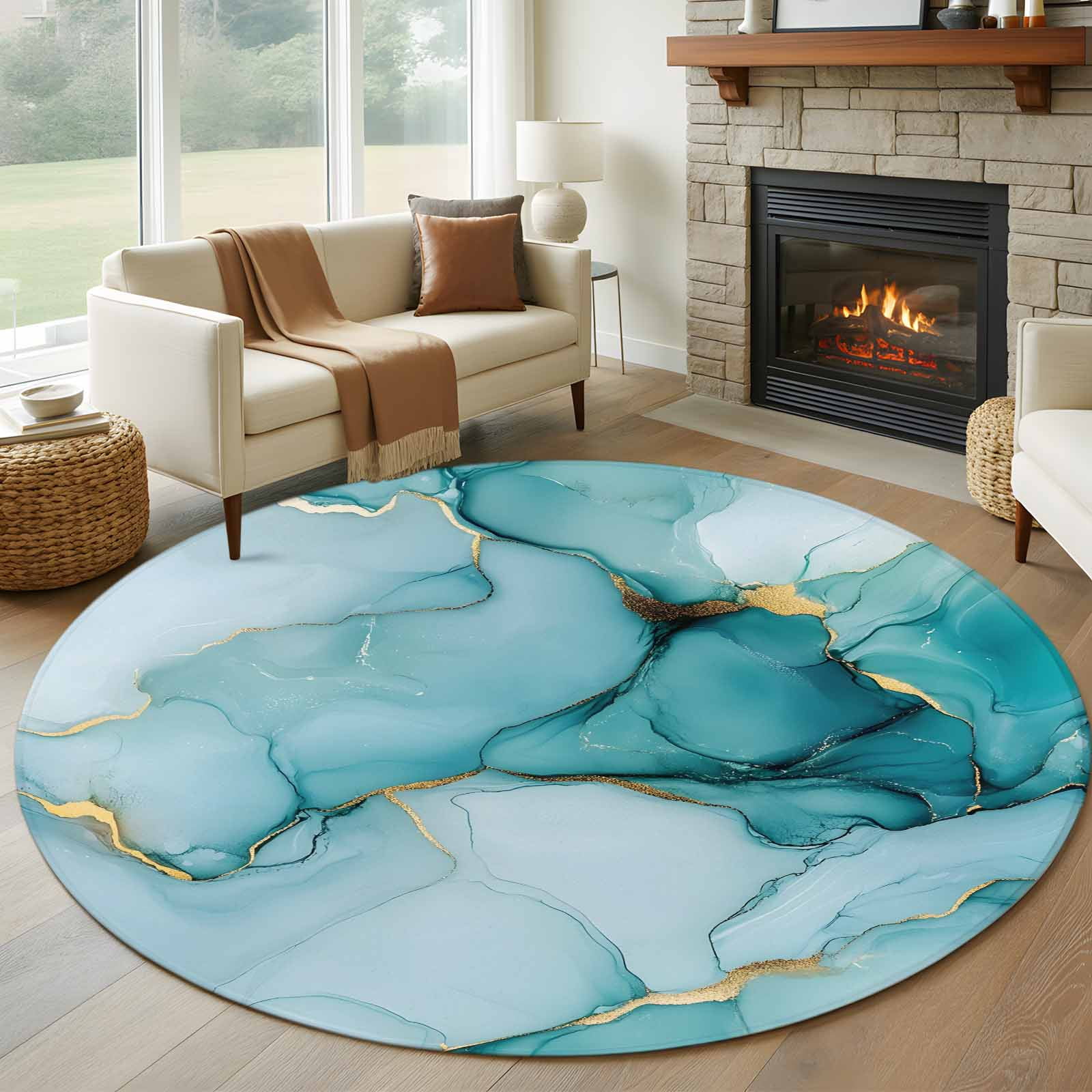 Turquoise Marble 8ft Round Rug, Abstract Modern Art Marble Crack Non ...