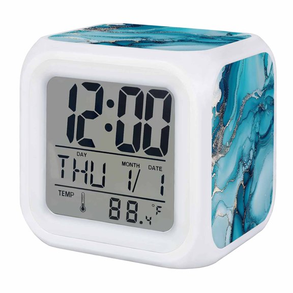 Turquoise Marble Alarm Clock, Abstract Marble Digital Clock Night Light with 7 Color, Calendar Temperature Display, LED Desk Small Clock for Bedrooms Bedside Living Room