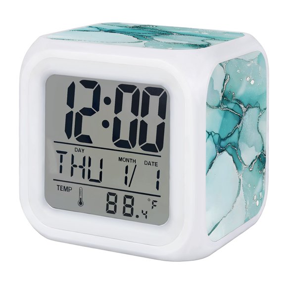 Turquoise Marble Alarm Clock, Abstract Modern Fluid Art Digital Clock Night Light with 7 Color, Calendar Temperature Display, LED Desk Small Clock for Bedrooms Bedside Living Room