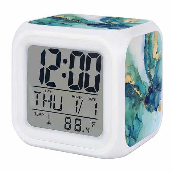 Turquoise Marble Alarm Clock, Abstracts Green Gold Gradient Stone Texture Digital Clock Night Light with 7 Color, Calendar Temperature Display, LED Desk Small Clock for Bedrooms Bedside Living Room