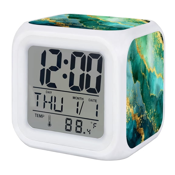 Turquoise Marble Alarm Clock, Luxurious Abstract Teal Gold Fluid Liquid Digital Clock Night Light with 7 Color, Calendar Temperature Display, LED Desk Small Clock for Bedrooms Bedside Living Room