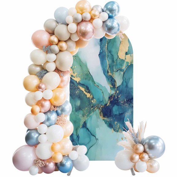 Turquoise Marble Arch Backdrop Cover 4 FT Abstracts Green Gold Gradient Stone Texture Stretchy Elastic Arch Stand Covers Spandex Arched Background Birthday Wedding Party Decoration (No Stand)
