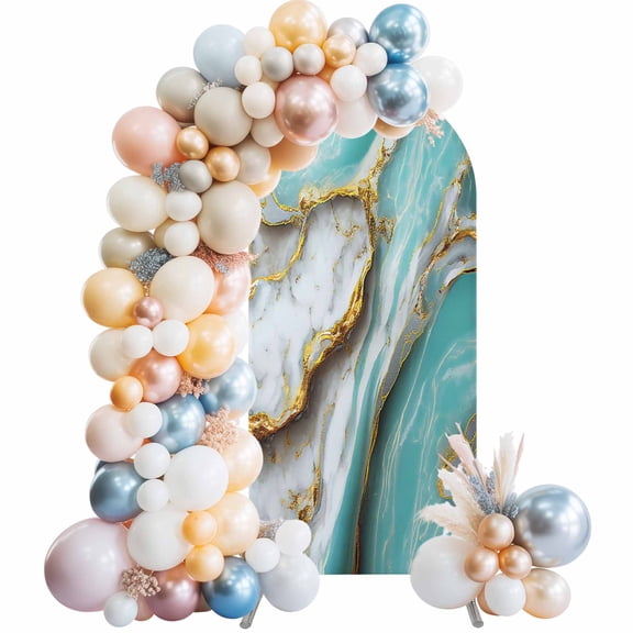 Turquoise Marble Arch Backdrop Cover 4 FT Modern Abstract Gradient White Gold Teal Water Ripples Stretchy Elastic Arch Stand Covers Spandex Arched Background Birthday Wedding Decoration (No Stand)