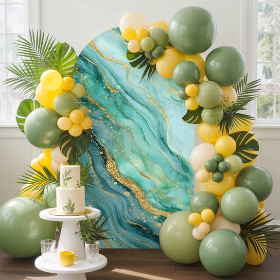 Turquoise Marble Arch Backdrop Cover, 4FT, Luxurious Abstract Teal Gold Water Ripples Spandex Arch Covers Double-Sided Backdrop for Wedding Birthday Party Photo Background Decoration