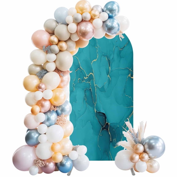 Turquoise Marble Arch Backdrop Cover 5Ft, Wedding Arch Covers Stretchy Backdrop, Minimalist Abstract Golden Fluid Art Fitted 2 Sided Arched Photo Background for Birthday Party Decorations
