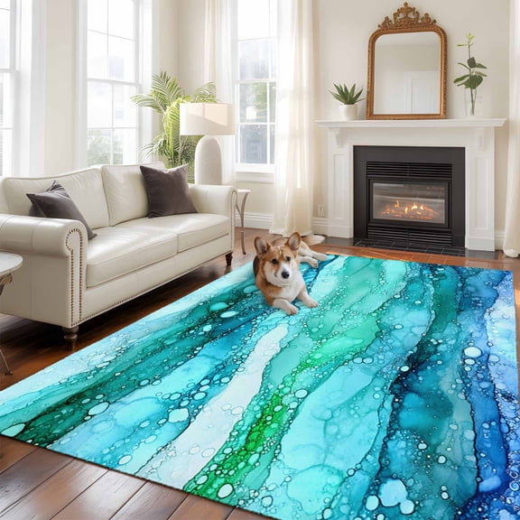 Turquoise Marble Area Rug 5x7 FT, Non Slip Bedroom Throw Carpet, Gradient Abstract Sea Waves Bubble Washable Soft Floor Carpet Non-Shedding Rug for Dining Room Bedside Classroom Desk
