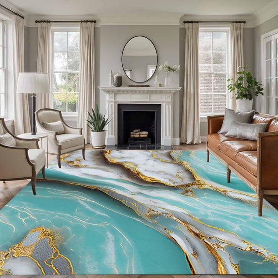 Turquoise Marble Area Rug 5x8 Washable Rug Non Slip Modern Abstract Gold Stripes Art Large Area Rug Soft Stainresistant Indoor Floor Carpet for Living Room Bedroom Home Office Dining Room Nursery