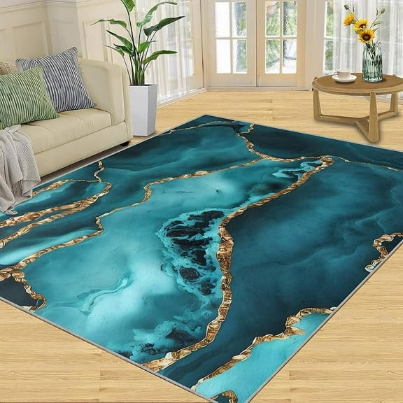 Turquoise Marble Area Rug, Green Agate Texture Rugs for Living Room, Large Machine Washable Non Slip Carpet for Dining Room Home Office 2 x 3ft