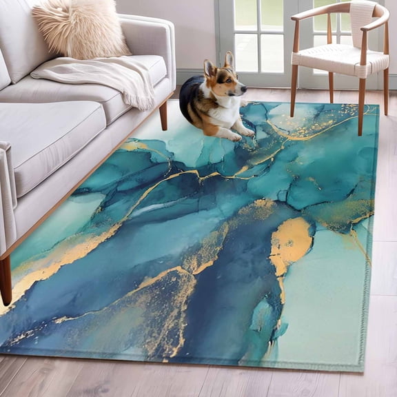 Turquoise Marble Area Rugs 4x6 ft Abstracts Gold Wave Lines Ombre Texture Washable Rug Non Slip Indoor Carpet Absorbent Floor Mat for Living Room Bedroom Dining Room