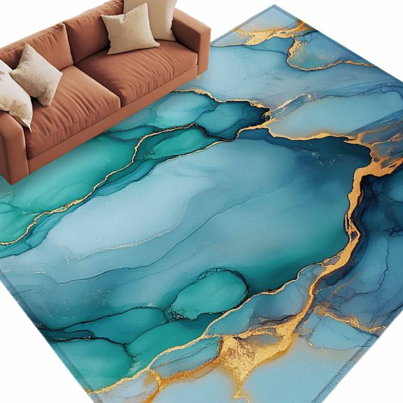 Turquoise Marble Area Rug 5x8ft Gold Foil Non-Slip Washable Square Rugs Soft Felt Indoor Floor Mat for Bedroom Kitchen Living Room Bathroom