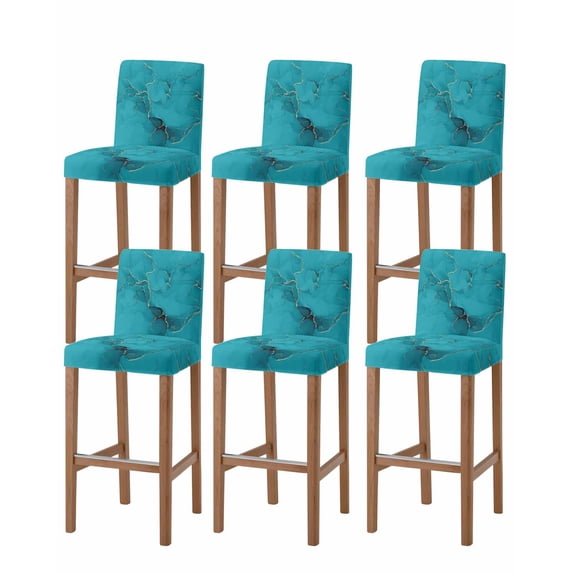 Turquoise Marble Bar Stool Covers Set of 6, Minimalist Abstract Golden Fluid Art Stretch Washable Bar Chair Covers with Backs, Removable Pub Counter Height Chair Cover for Kitchen Dining Room Cafe