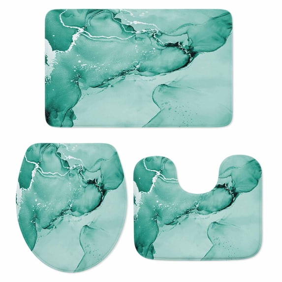 Turquoise Marble Bath Mat 3 Piece Bathroom Rug Set, Nature Marble Stone Ripple Modern Art Non Slip Bath Rug Contour Mat and Toilet Lid Cover, Absorbent Shower Mats Soft Bath Rugs and Mats Sets