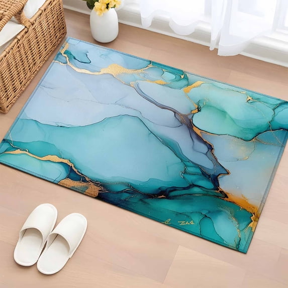 Turquoise Marble Bathroom Mats 2x3 FT, Non Slip Small Kitchen Mat, Abstract Green Modern Luxury Cracks Washable Soft Backed Front Door Throw Rugs Non-Shedding Indoor Outdoor Doormat for Entryway Sink